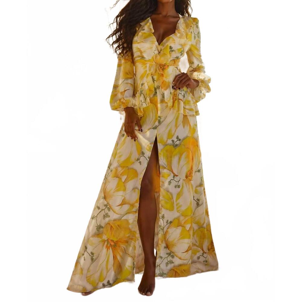 NEW SURELYMINE floral maxi dress with long sleeves and open back in yellow